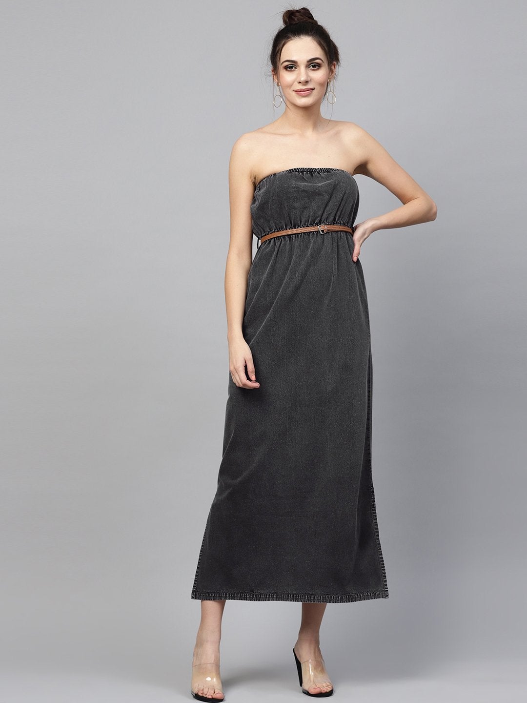 Women's Black Acid Demin Bardot Belted Maxi - SASSAFRAS