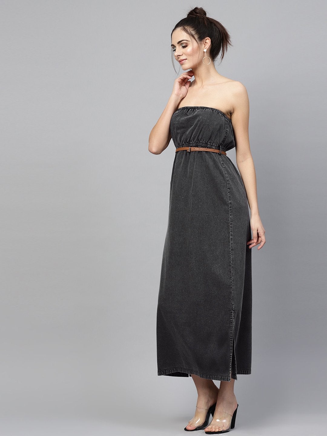 Women's Black Acid Demin Bardot Belted Maxi - SASSAFRAS