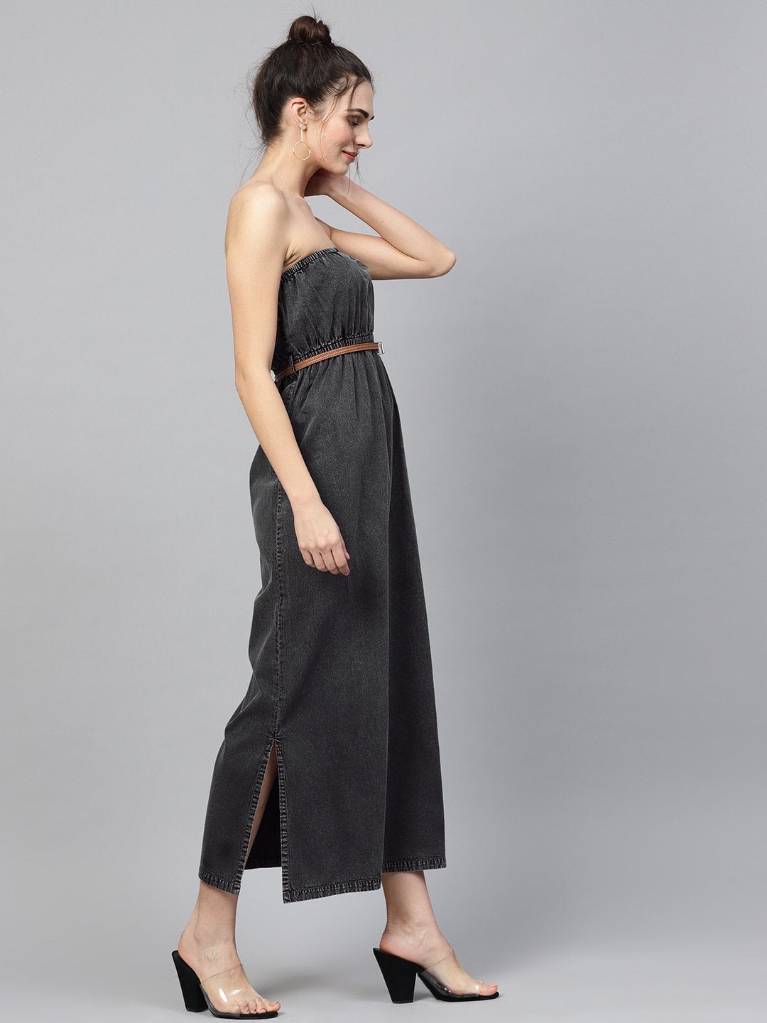 Women's Black Acid Demin Bardot Belted Maxi - SASSAFRAS