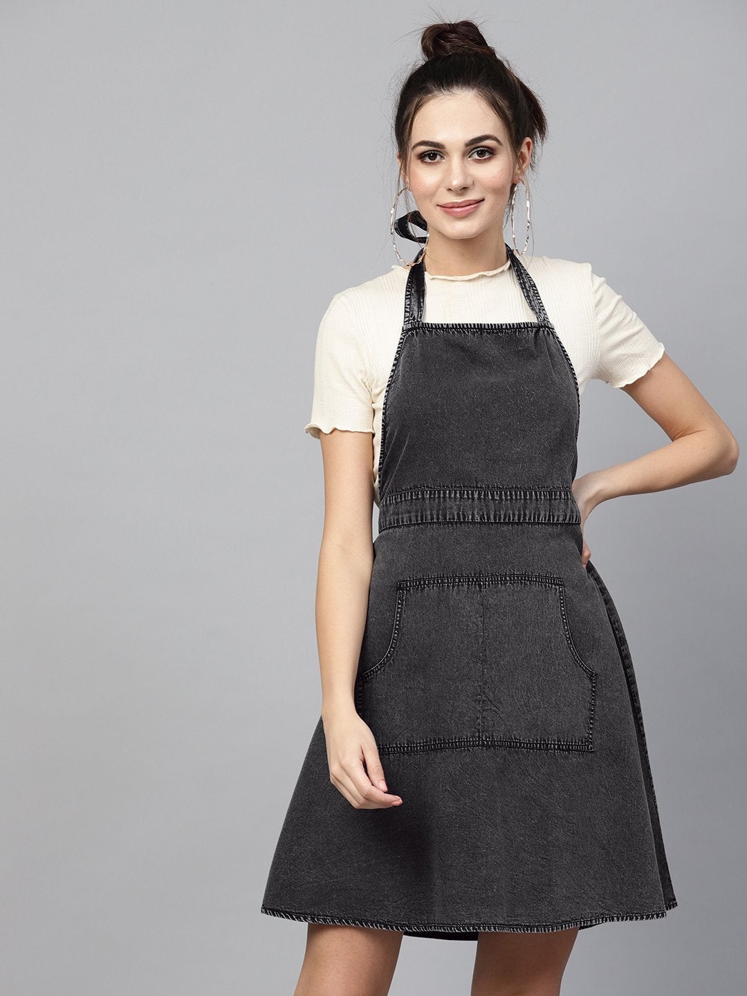 Women's Black Denim Acid Wash Apron Dress - SASSAFRAS