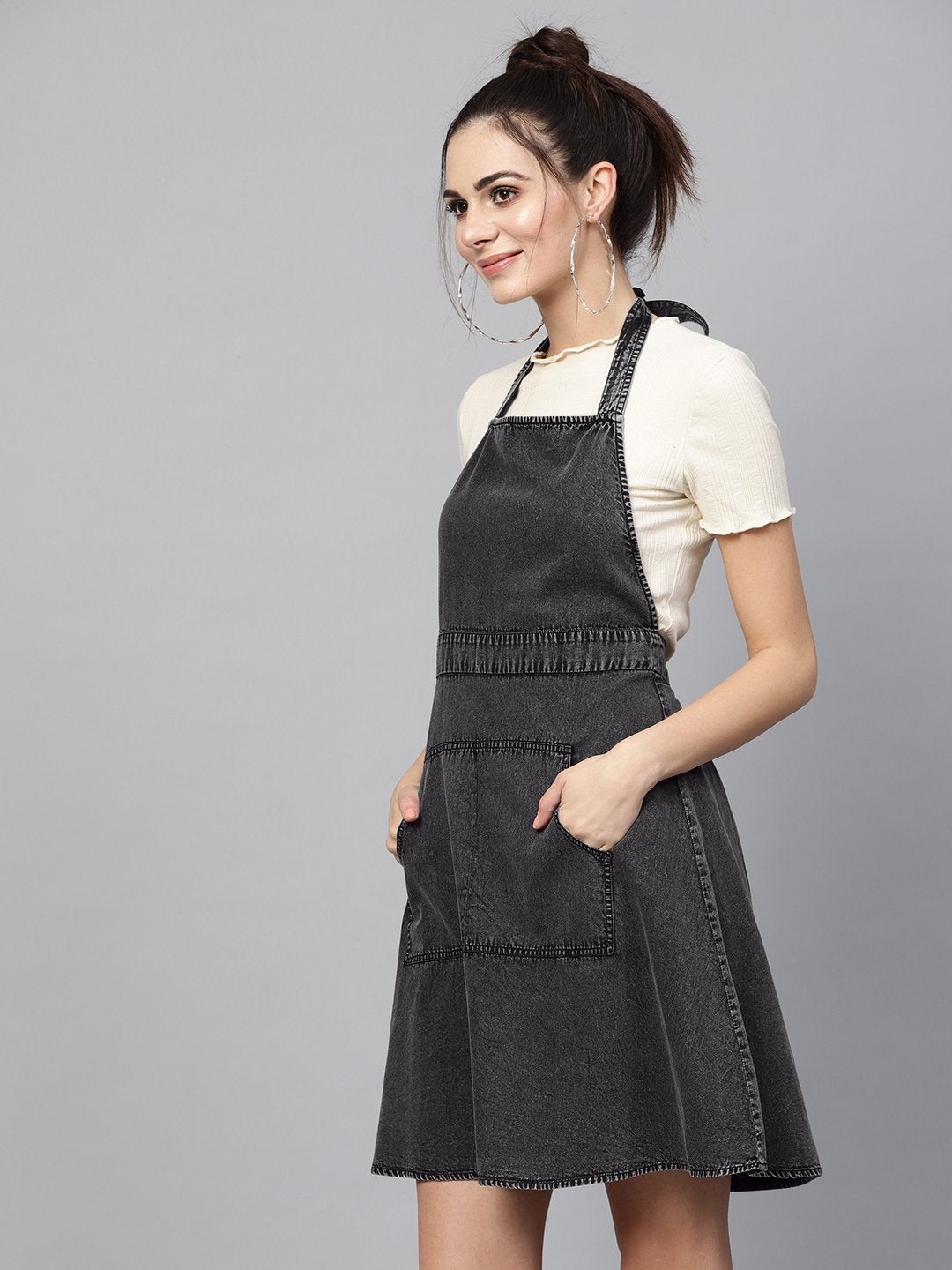 Women's Black Denim Acid Wash Apron Dress - SASSAFRAS