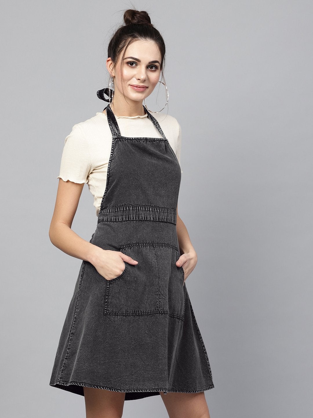 Women's Black Denim Acid Wash Apron Dress - SASSAFRAS