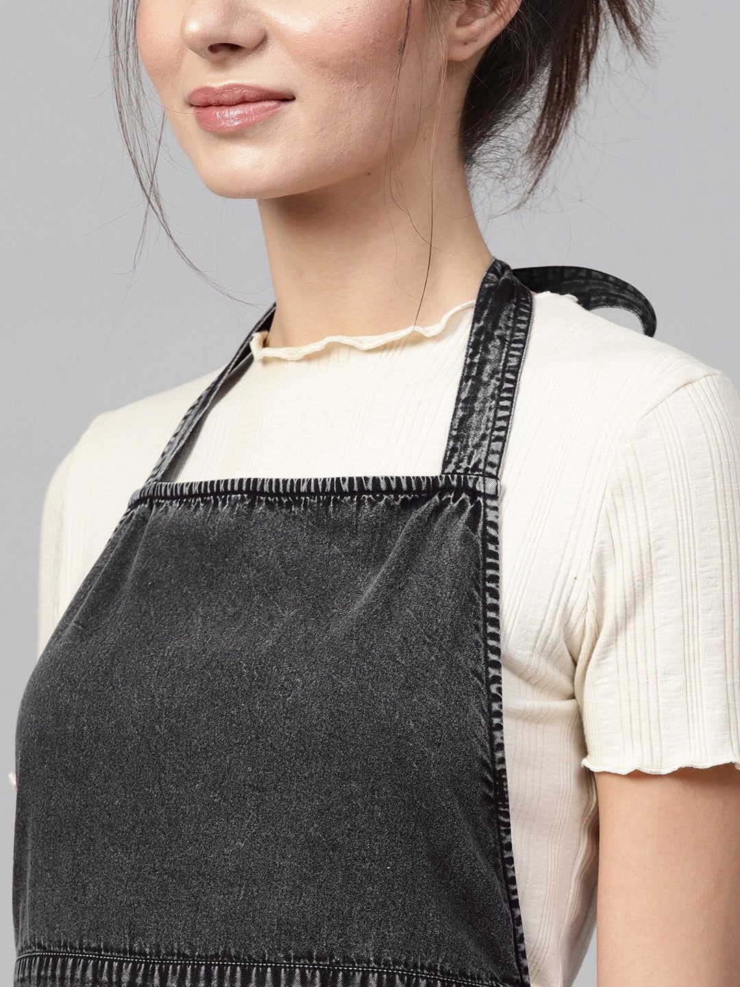 Women's Black Denim Acid Wash Apron Dress - SASSAFRAS