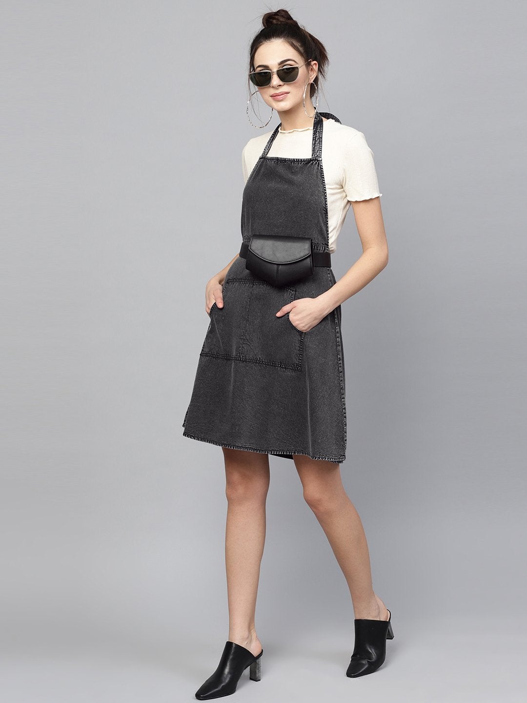 Women's Black Denim Acid Wash Apron Dress - SASSAFRAS