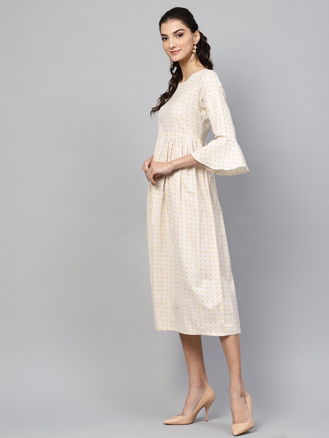 Women's Beige Gathered Dress - SASSAFRAS