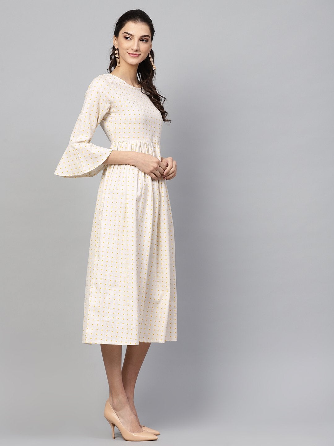 Women's Beige Gathered Dress - SASSAFRAS