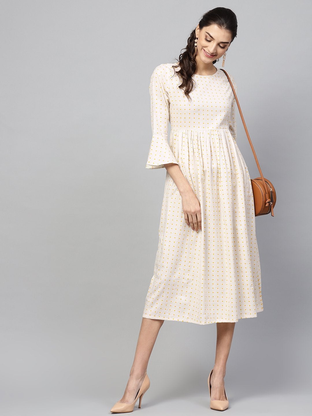 Women's Beige Gathered Dress - SASSAFRAS