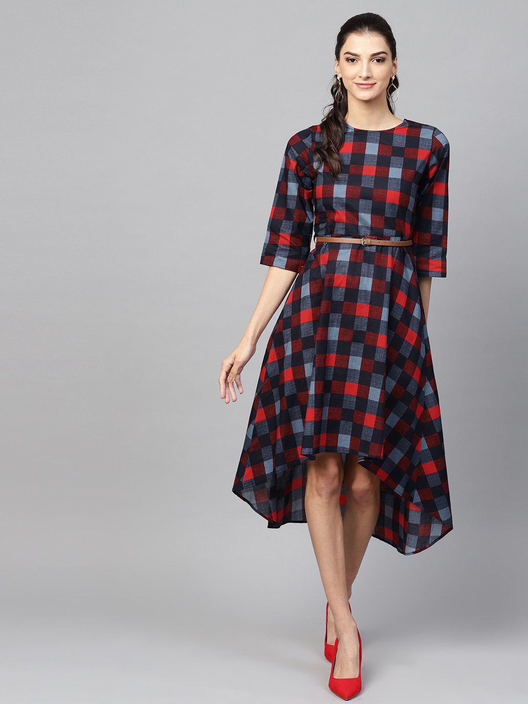 Women's Multi Check High Low Dress - SASSAFRAS