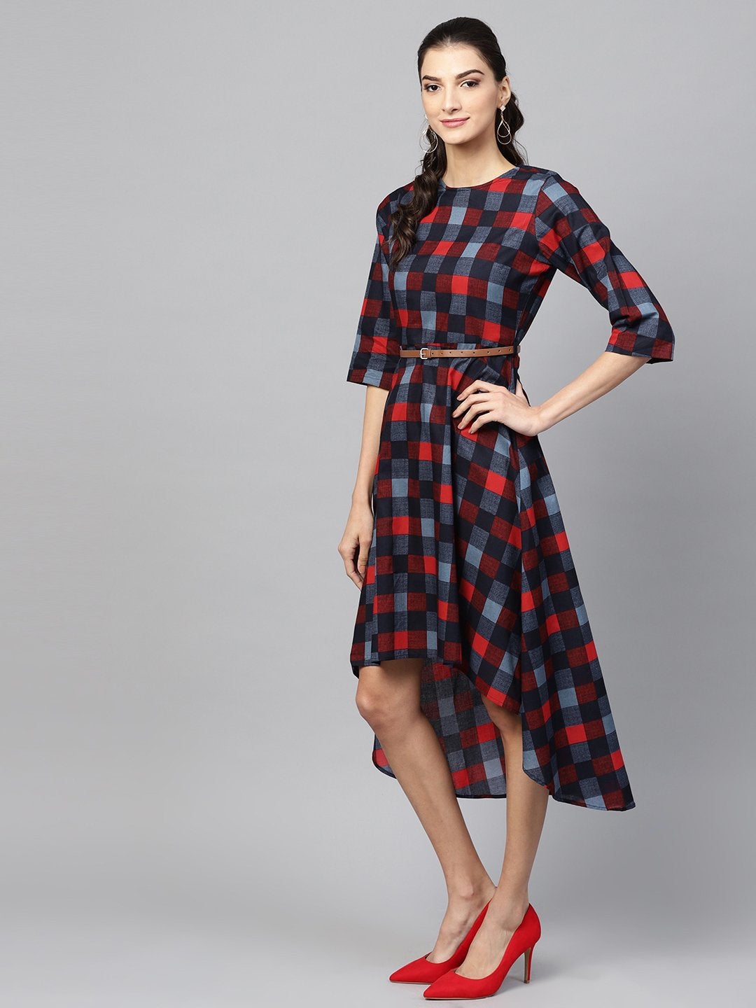 Women's Multi Check High Low Dress - SASSAFRAS