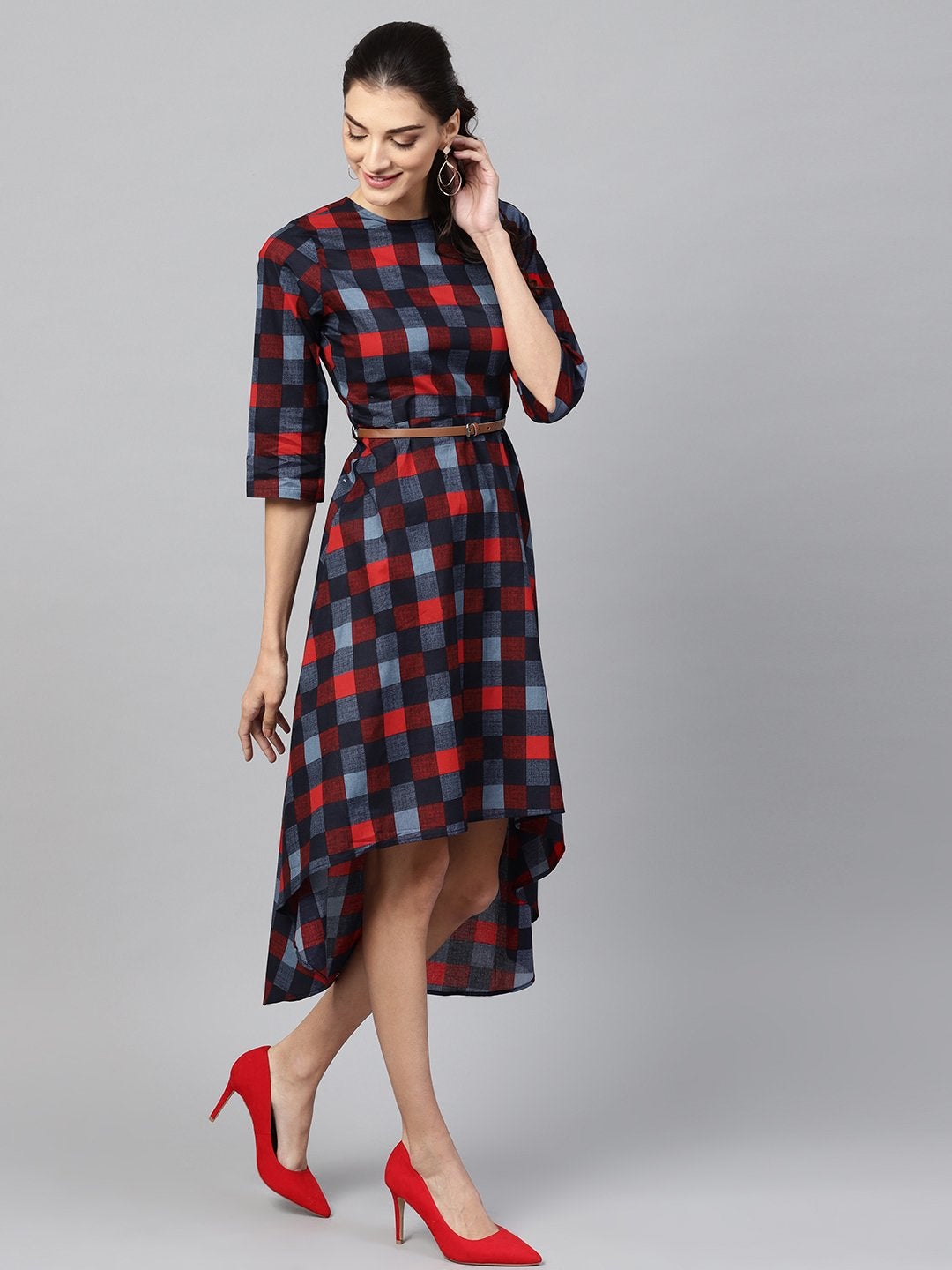 Women's Multi Check High Low Dress - SASSAFRAS