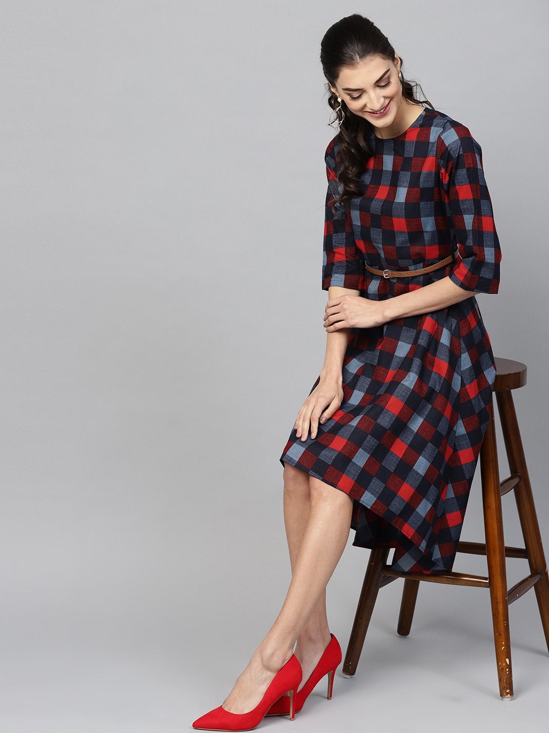 Women's Multi Check High Low Dress - SASSAFRAS