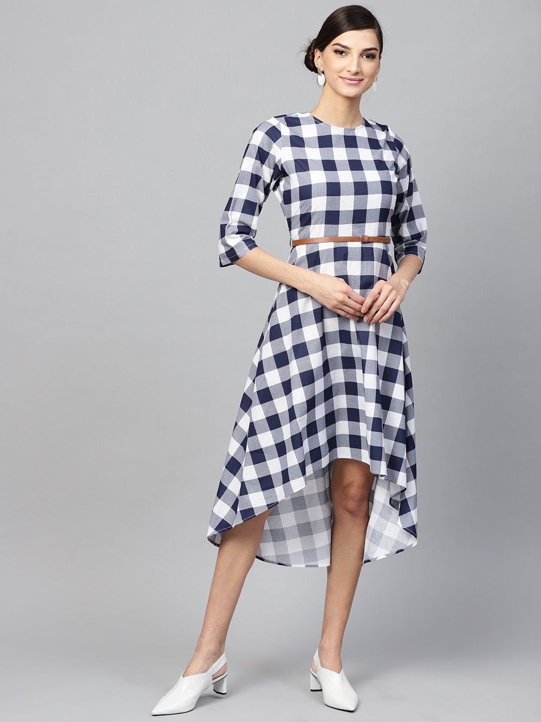 Women's Navy Check High Low Dress - SASSAFRAS