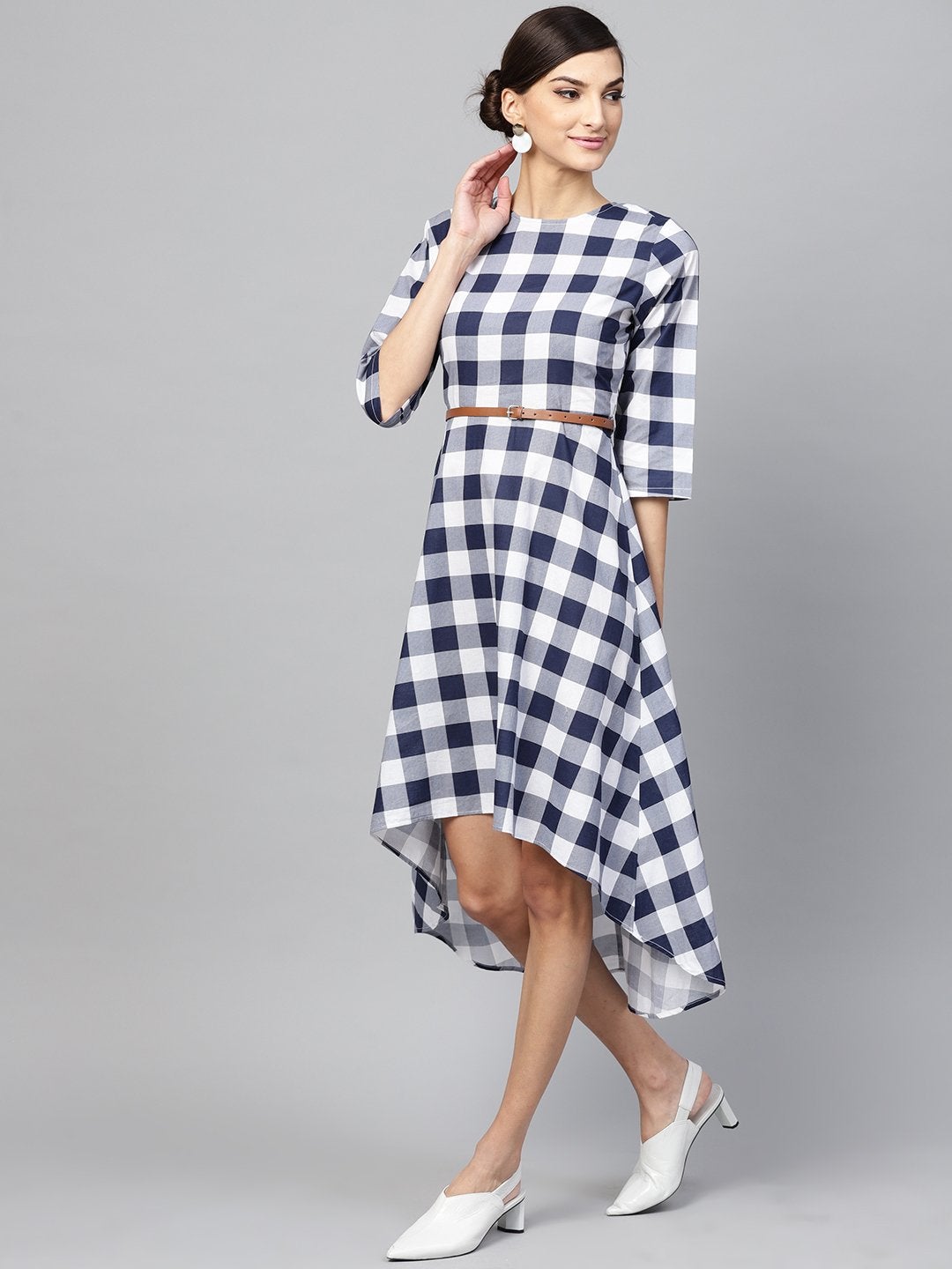 Women's Navy Check High Low Dress - SASSAFRAS