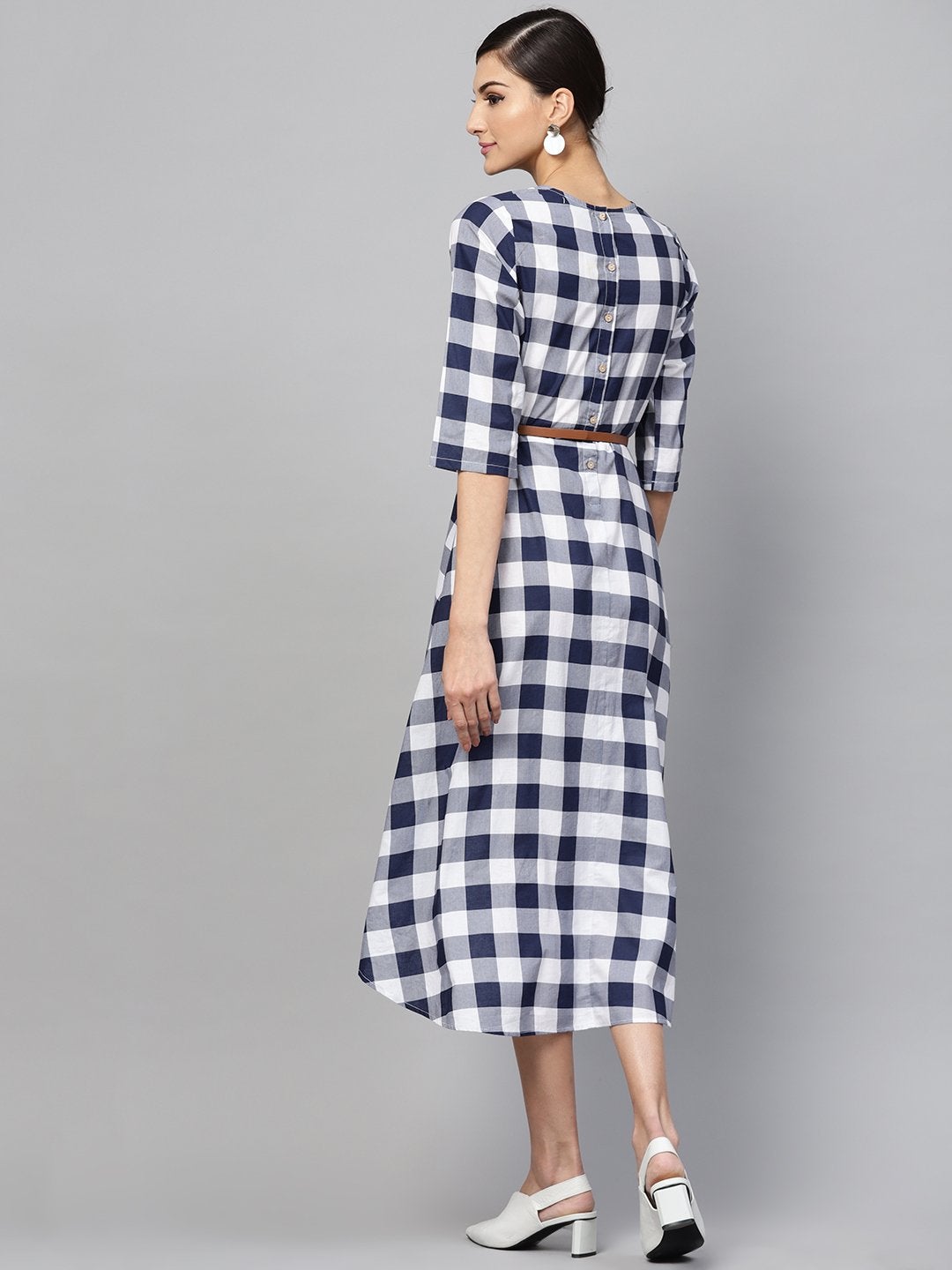 Women's Navy Check High Low Dress - SASSAFRAS