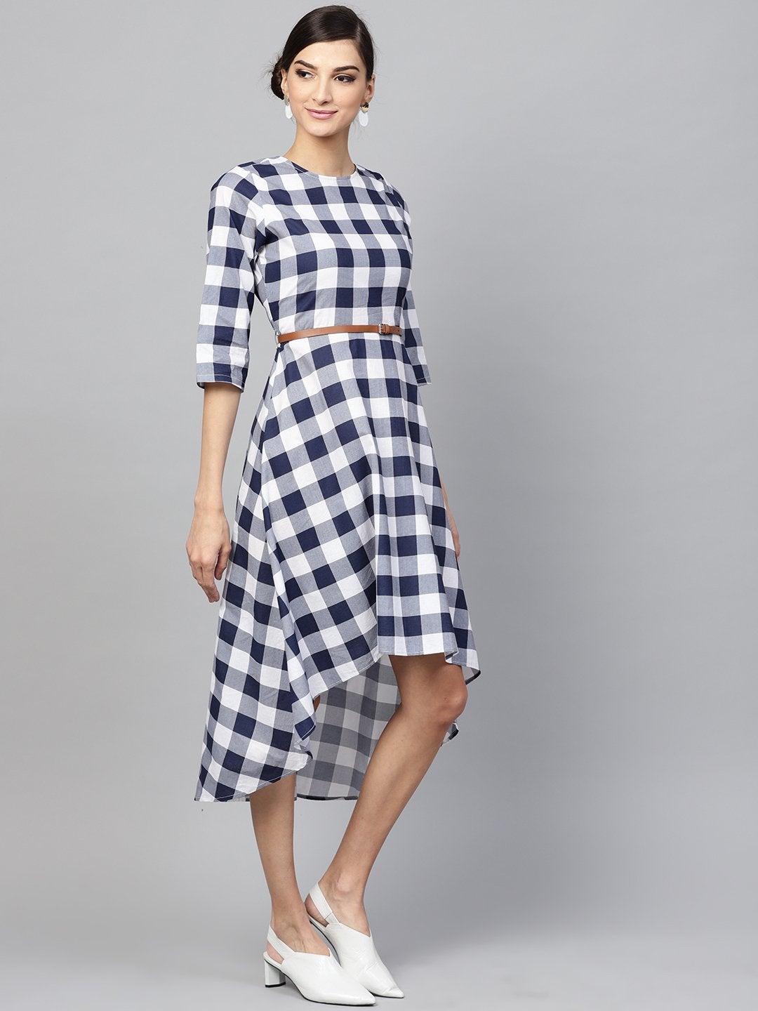 Women's Navy Check High Low Dress - SASSAFRAS