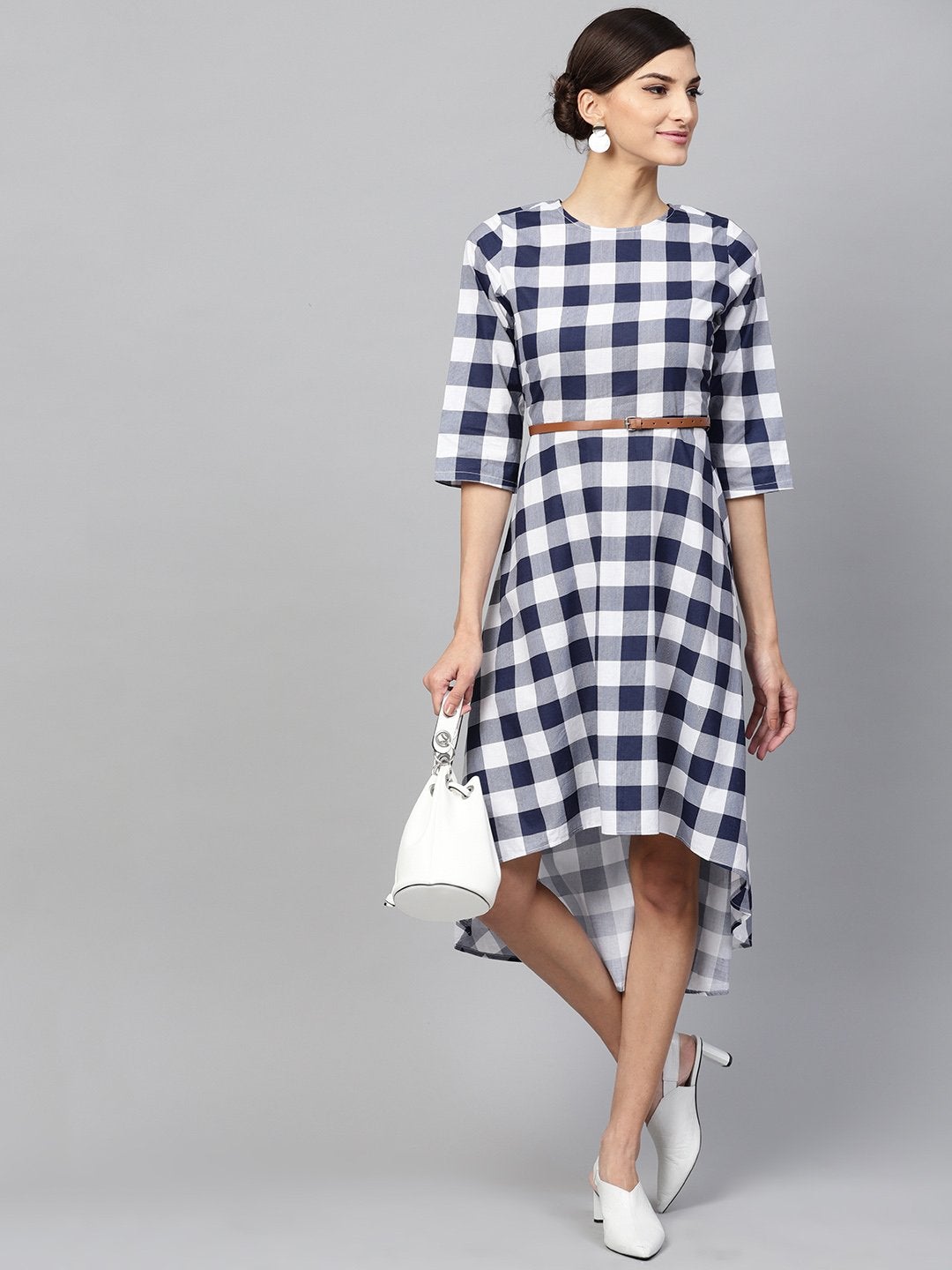 Women's Navy Check High Low Dress - SASSAFRAS