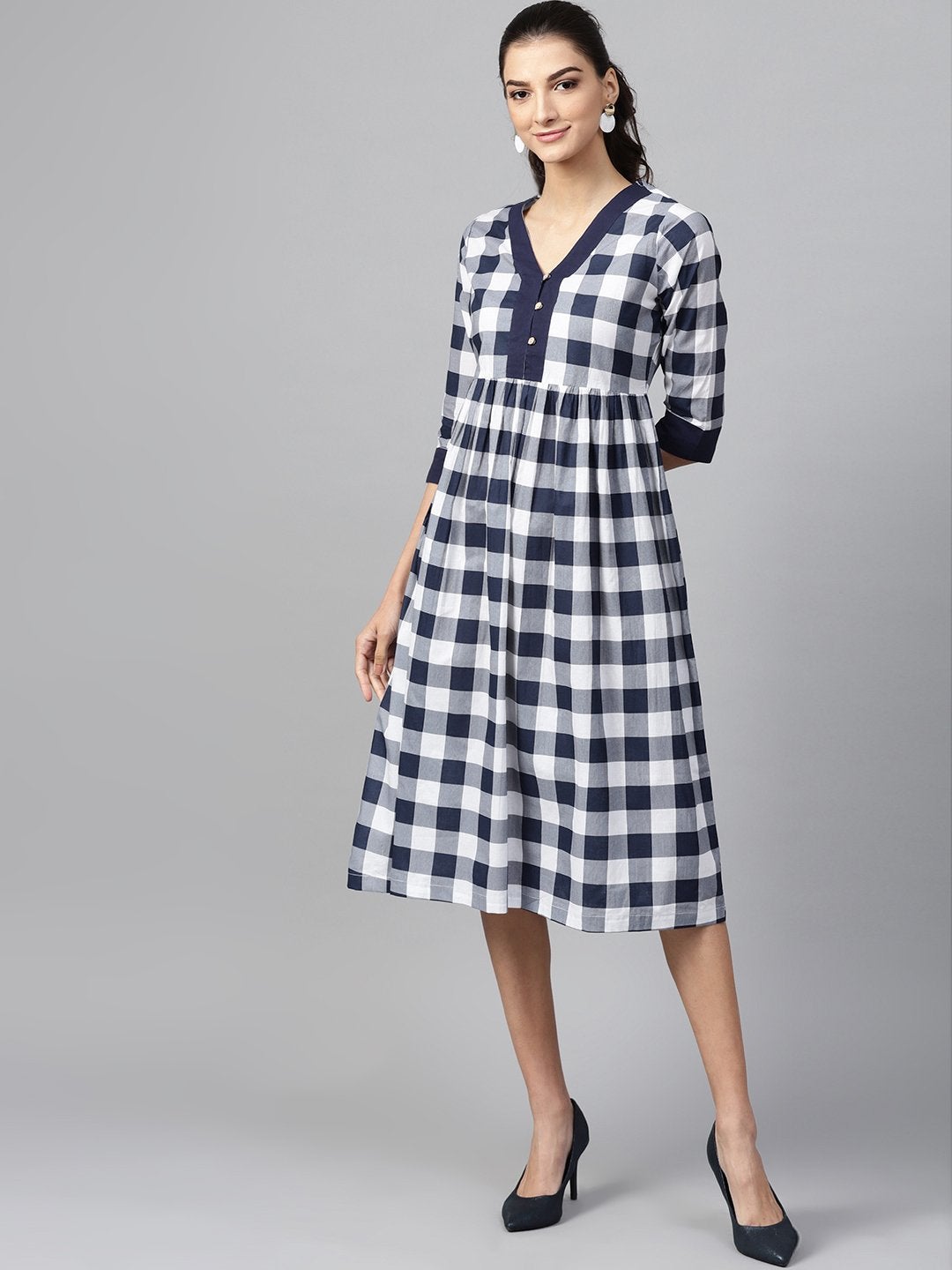 Women's Navy Check V-Neck Gathered Dress - SASSAFRAS