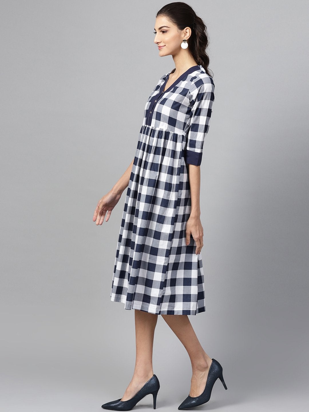 Women's Navy Check V-Neck Gathered Dress - SASSAFRAS