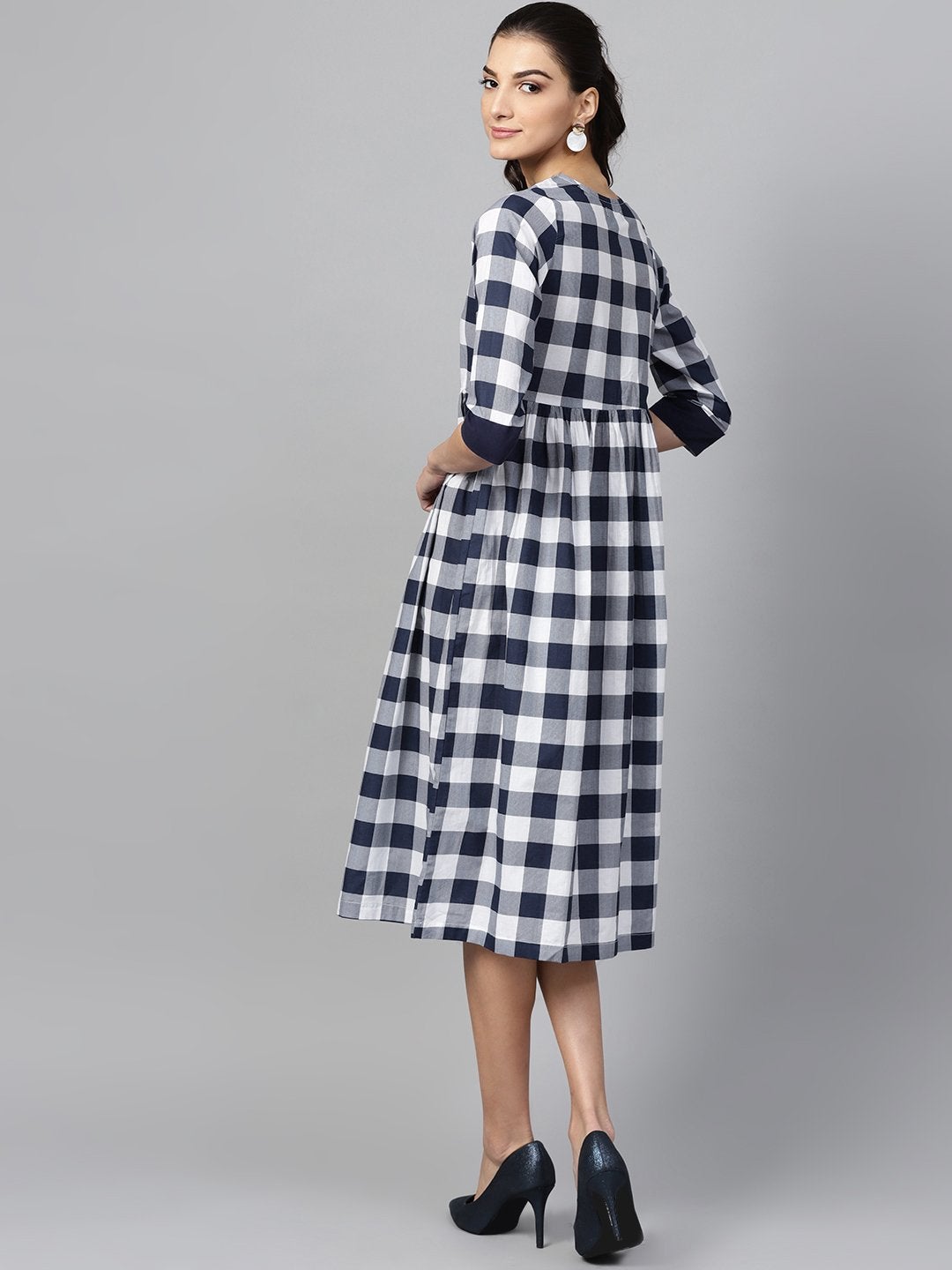 Women's Navy Check V-Neck Gathered Dress - SASSAFRAS