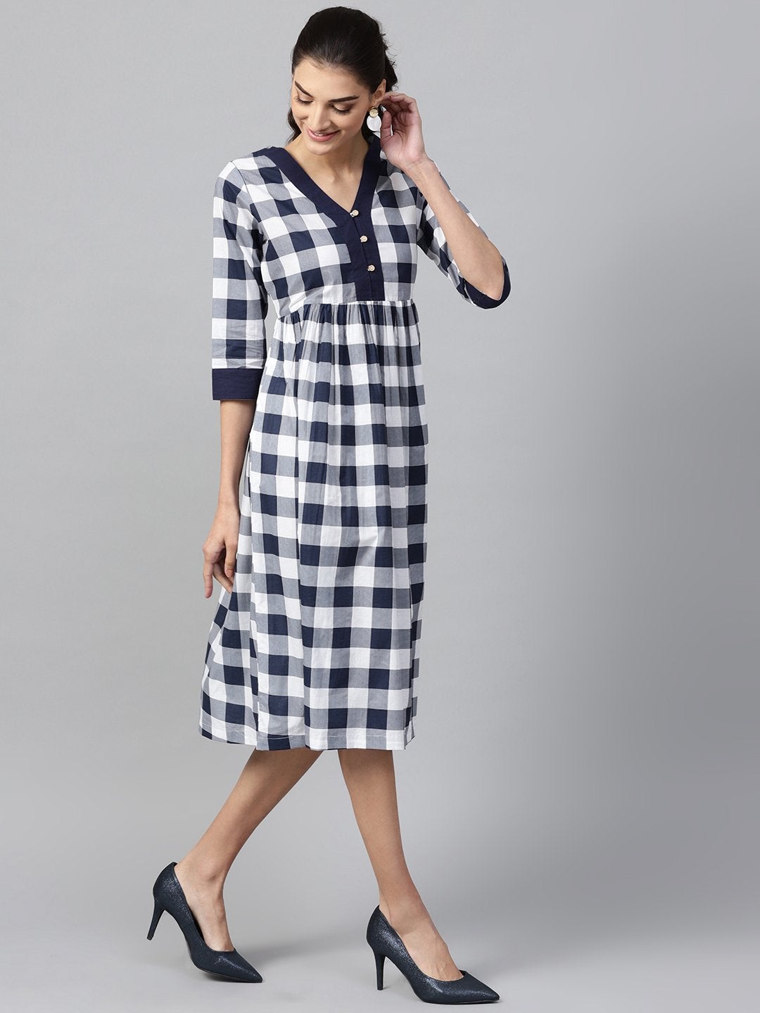 Women's Navy Check V-Neck Gathered Dress - SASSAFRAS