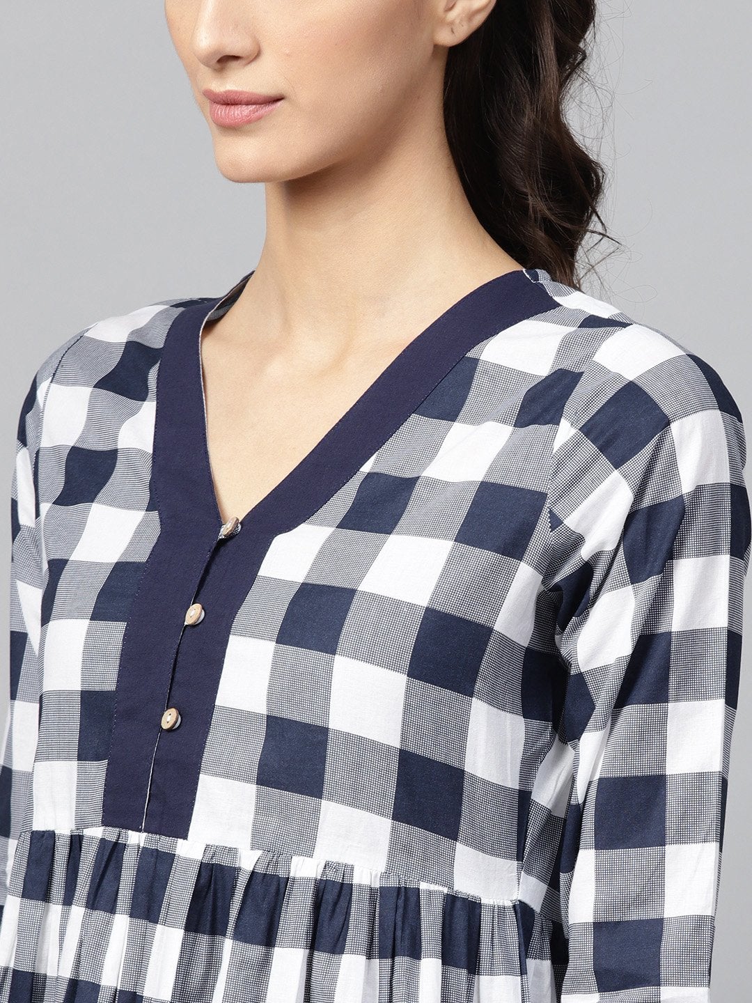 Women's Navy Check V-Neck Gathered Dress - SASSAFRAS