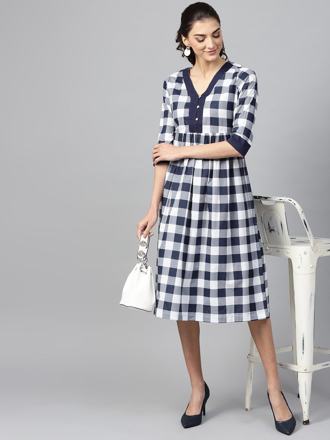 Women's Navy Check V-Neck Gathered Dress - SASSAFRAS