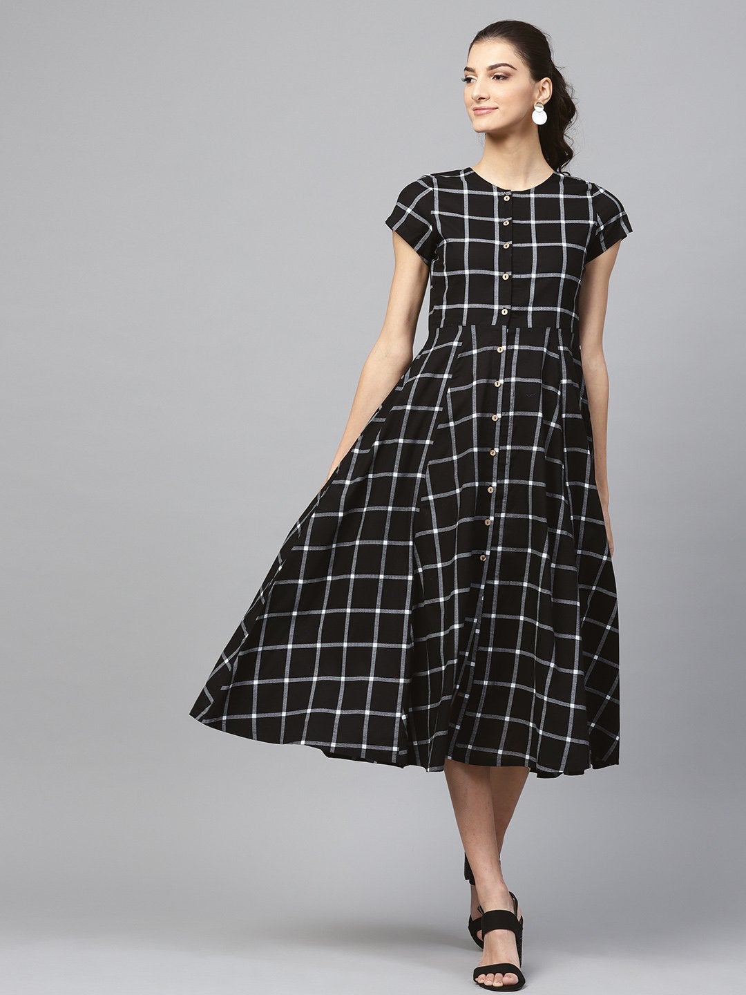 Women's Black Check Front Open Flared Midi - SASSAFRAS