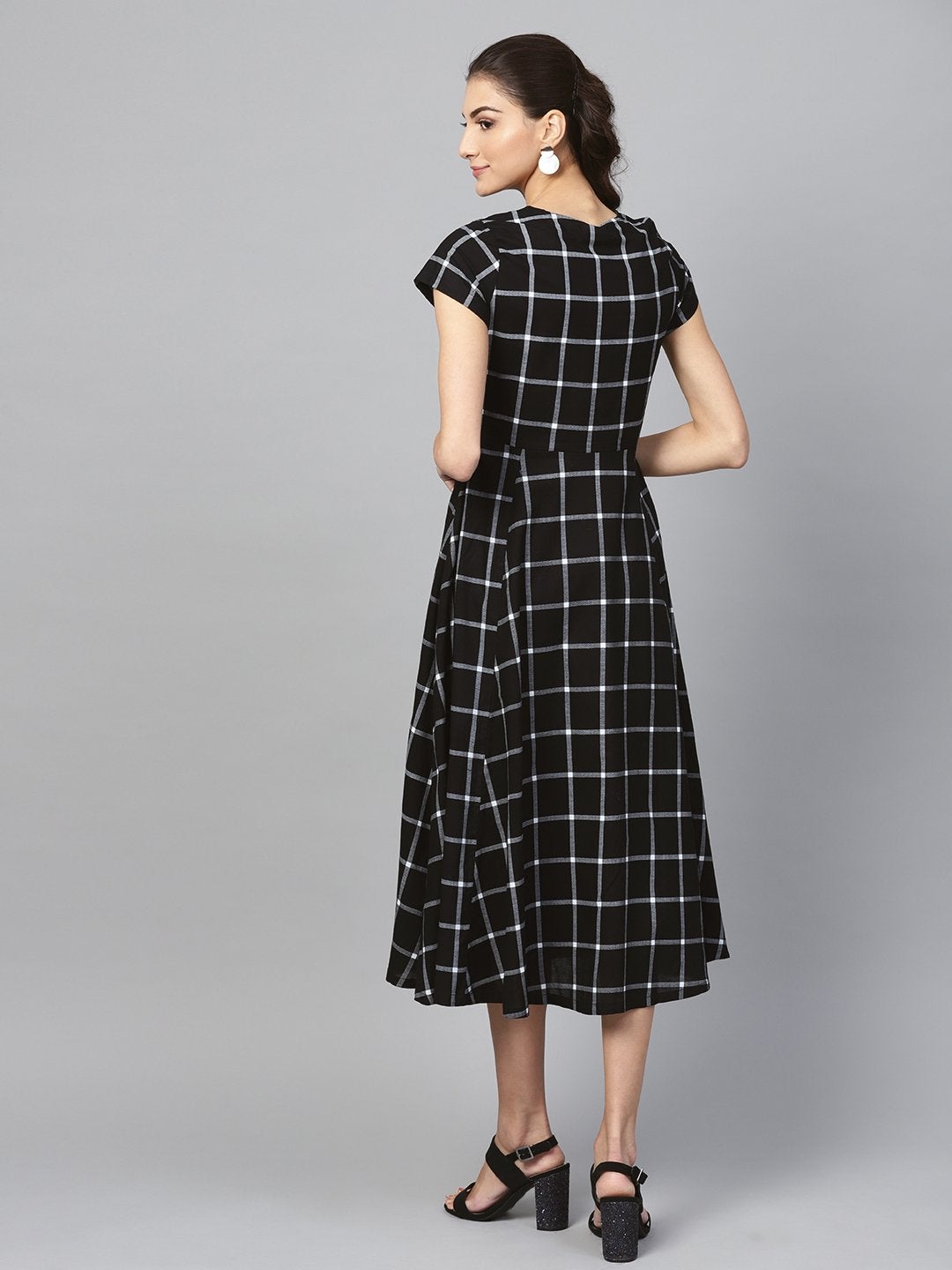 Women's Black Check Front Open Flared Midi - SASSAFRAS