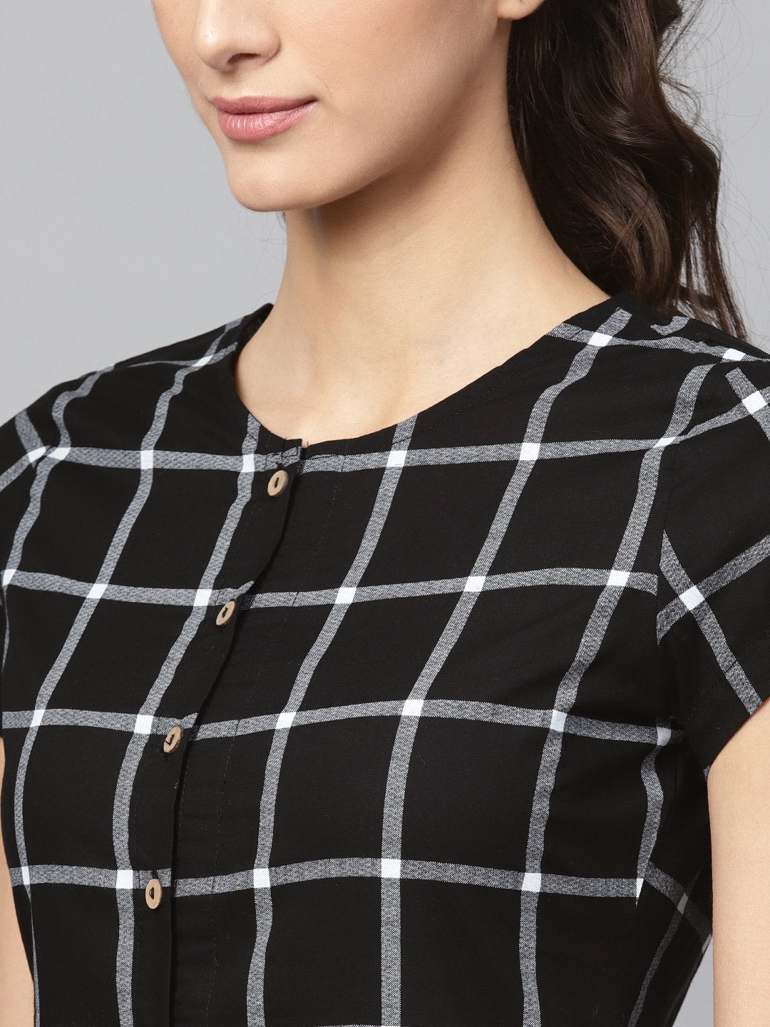 Women's Black Check Front Open Flared Midi - SASSAFRAS