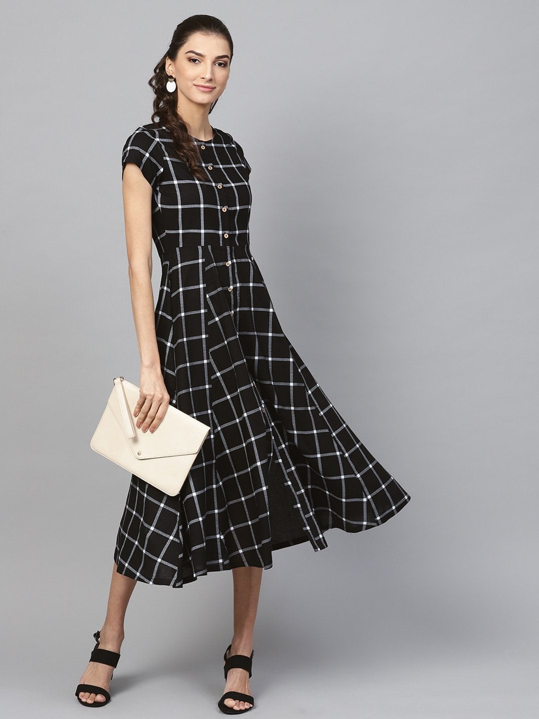 Women's Black Check Front Open Flared Midi - SASSAFRAS