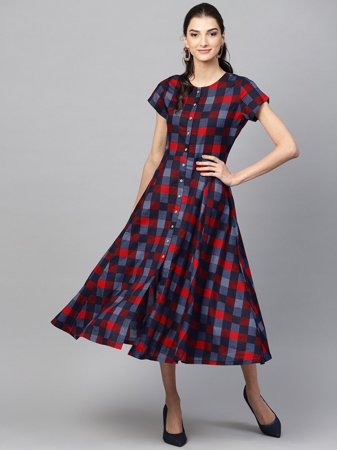 Women's Multi Check Front Open Flared Midi - SASSAFRAS