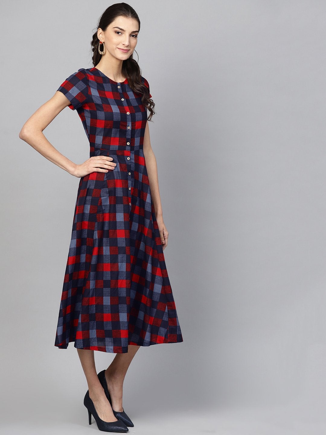 Women's Multi Check Front Open Flared Midi - SASSAFRAS