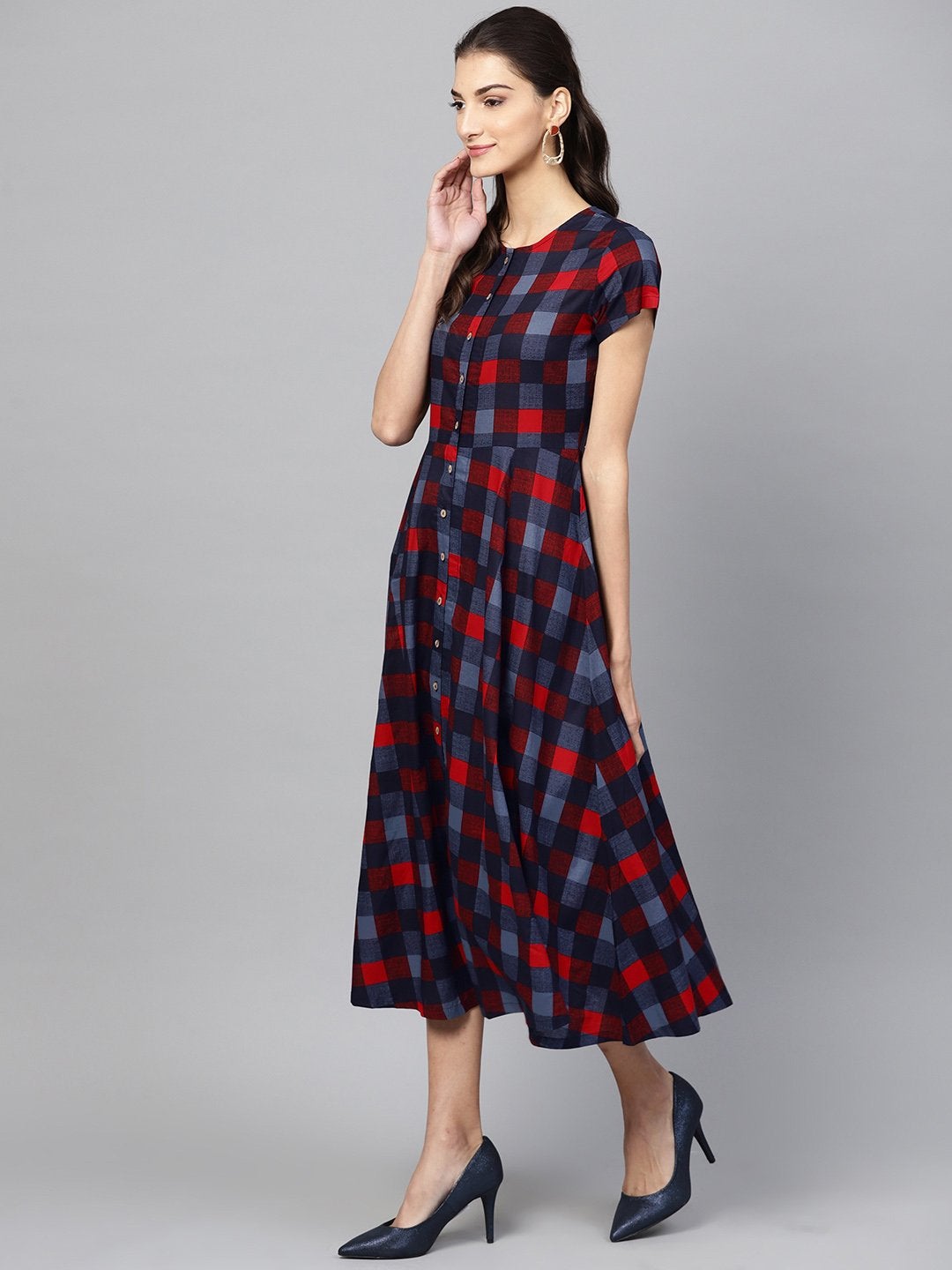 Women's Multi Check Front Open Flared Midi - SASSAFRAS