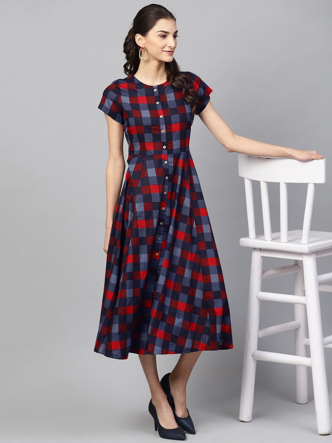 Women's Multi Check Front Open Flared Midi - SASSAFRAS