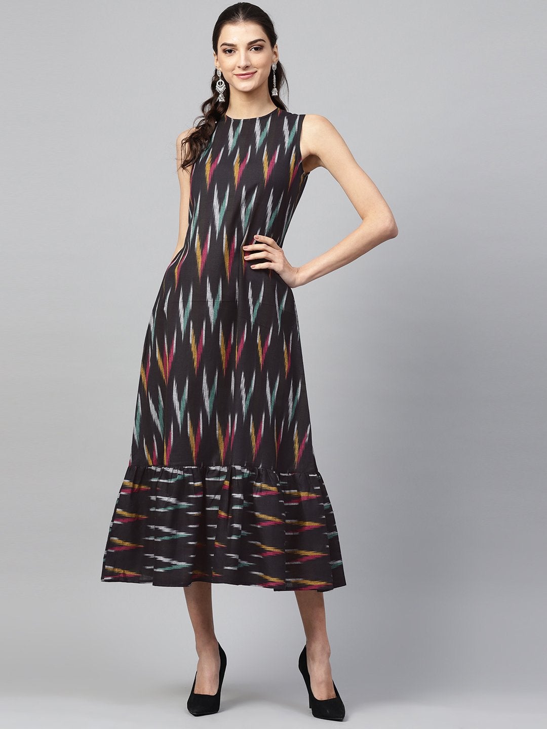 Women's Black Ikat Sleeveless Frill Hem Dress - SASSAFRAS