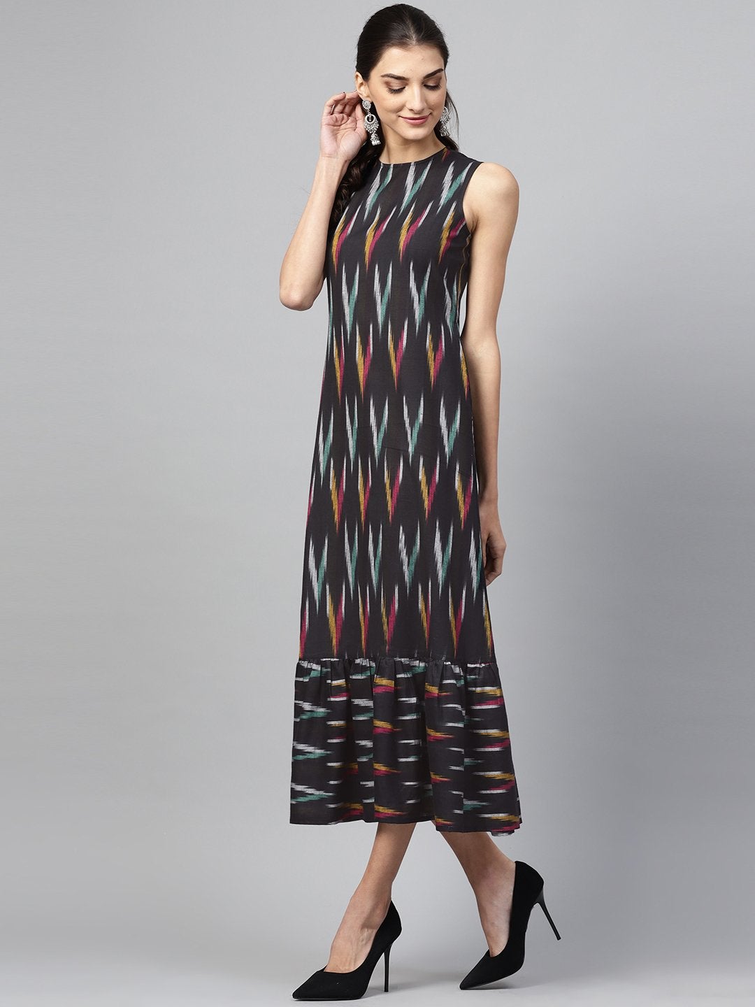 Women's Black Ikat Sleeveless Frill Hem Dress - SASSAFRAS