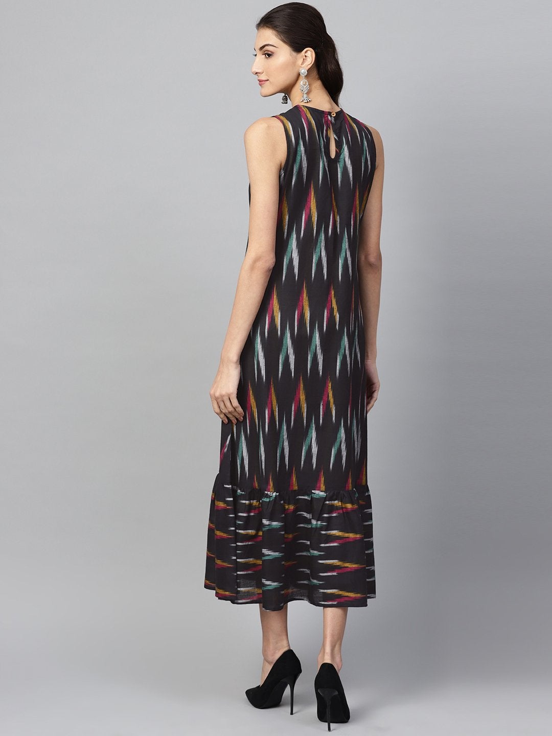 Women's Black Ikat Sleeveless Frill Hem Dress - SASSAFRAS