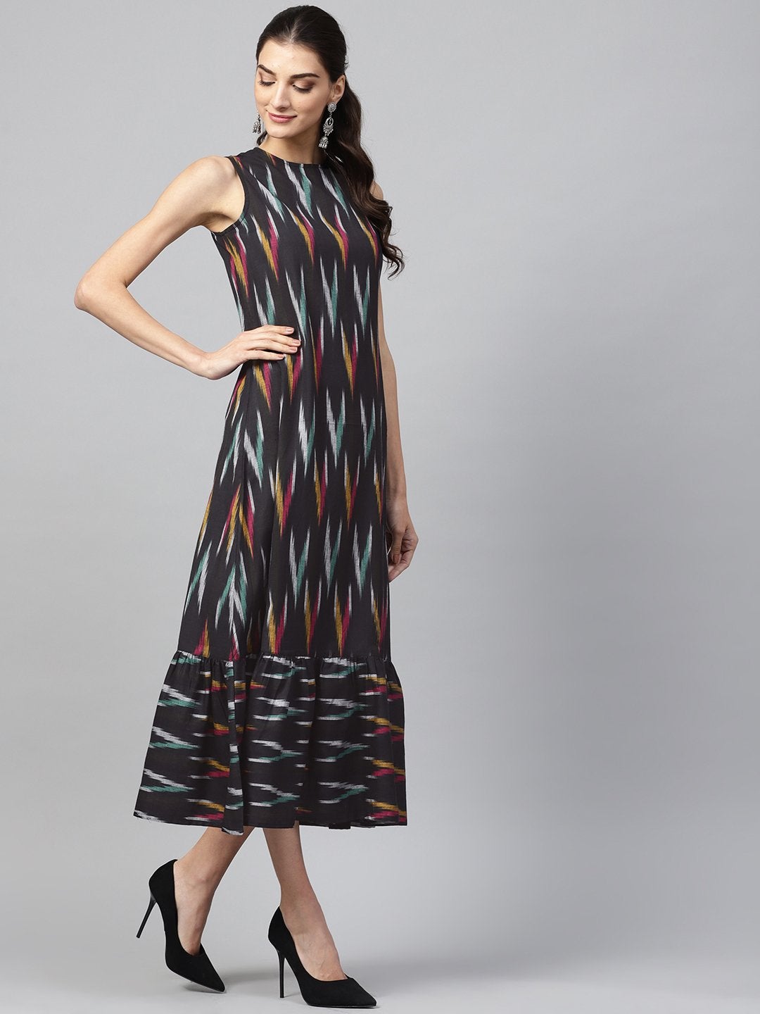 Women's Black Ikat Sleeveless Frill Hem Dress - SASSAFRAS