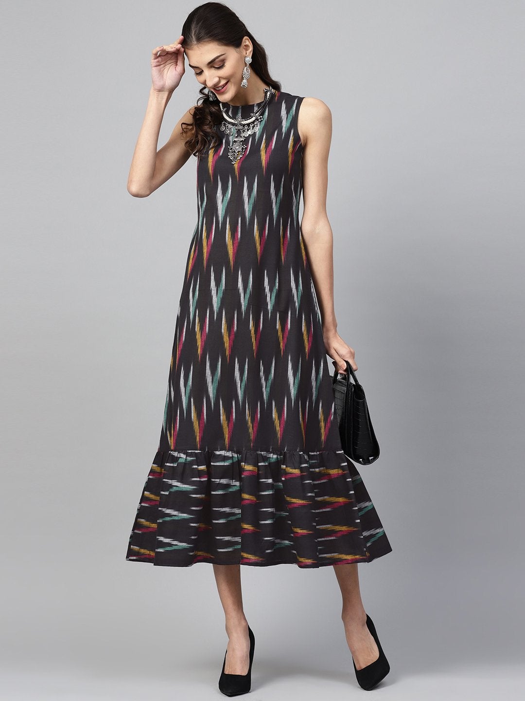 Women's Black Ikat Sleeveless Frill Hem Dress - SASSAFRAS