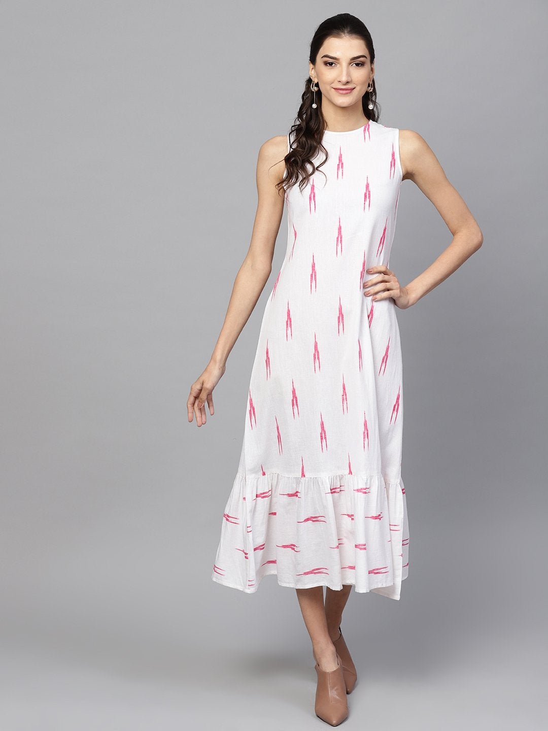 Women's White Ikat Sleeveless Frill Hem Dress - SASSAFRAS