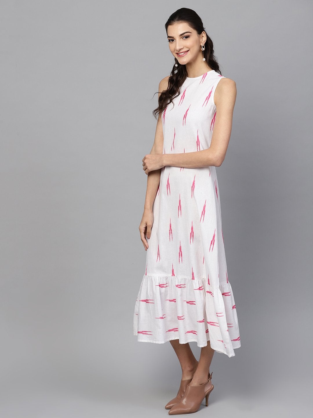 Women's White Ikat Sleeveless Frill Hem Dress - SASSAFRAS