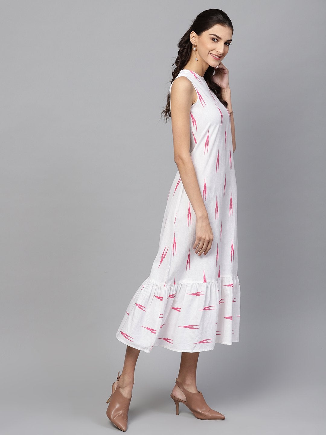 Women's White Ikat Sleeveless Frill Hem Dress - SASSAFRAS