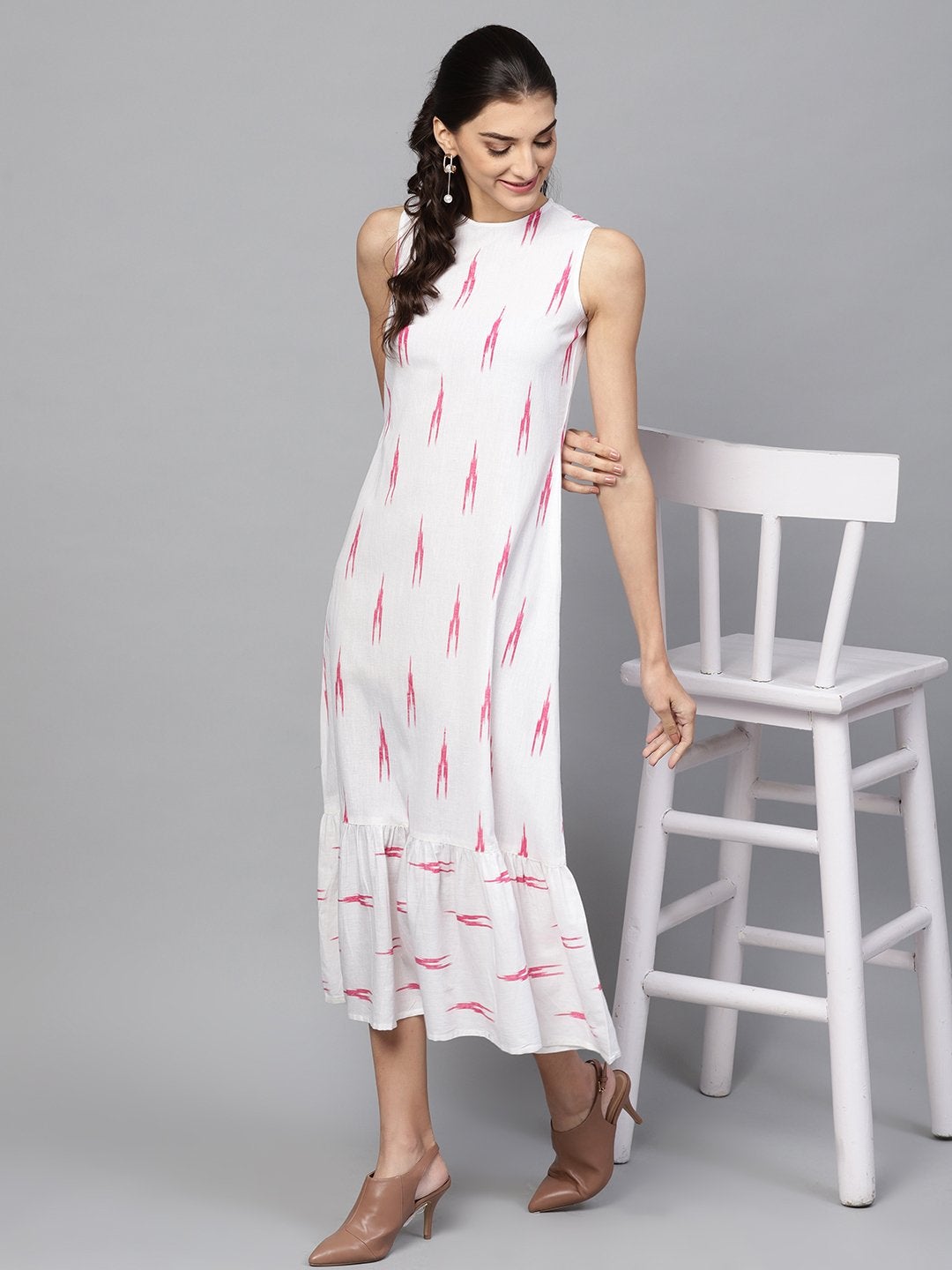 Women's White Ikat Sleeveless Frill Hem Dress - SASSAFRAS