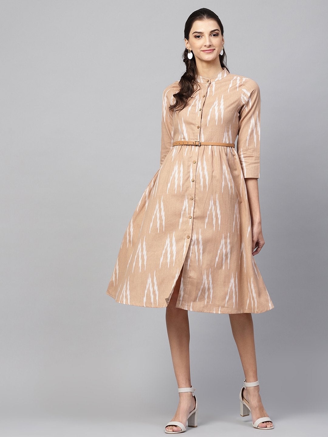 Women's Brown Ikat Front Open Belted Dress - SASSAFRAS