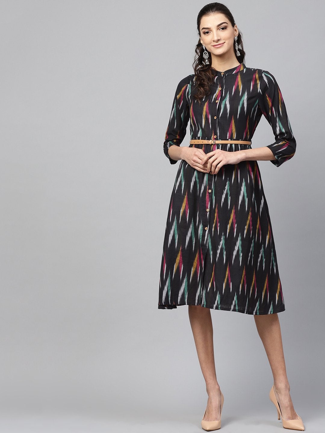 Women's Black Ikat Front Open Belted Dress - SASSAFRAS