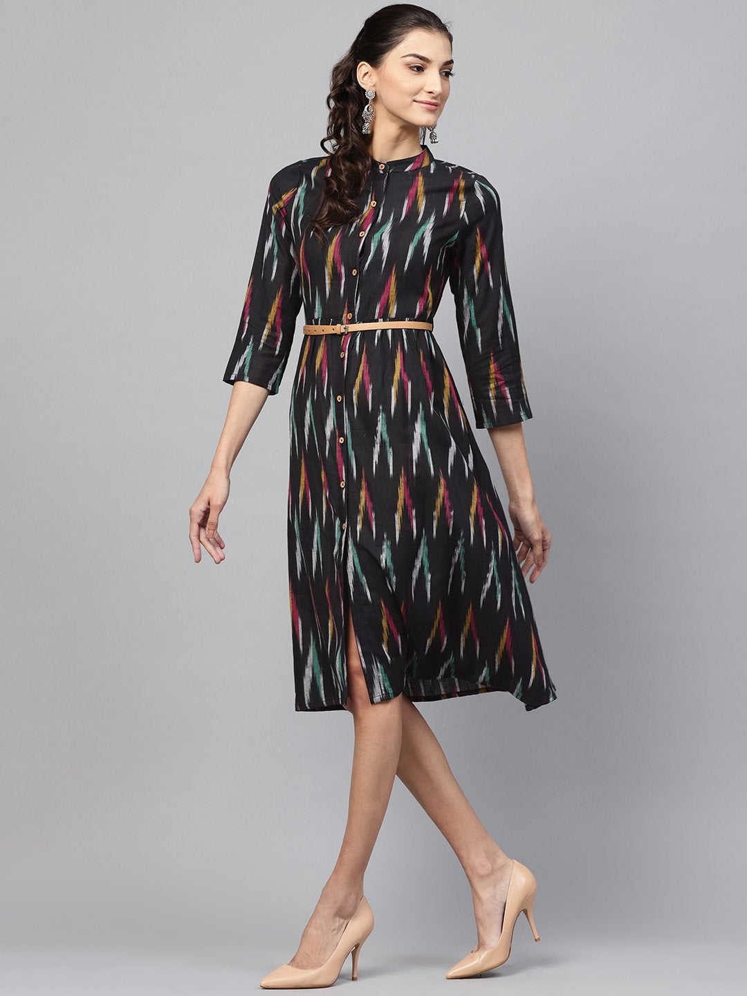 Women's Black Ikat Front Open Belted Dress - SASSAFRAS