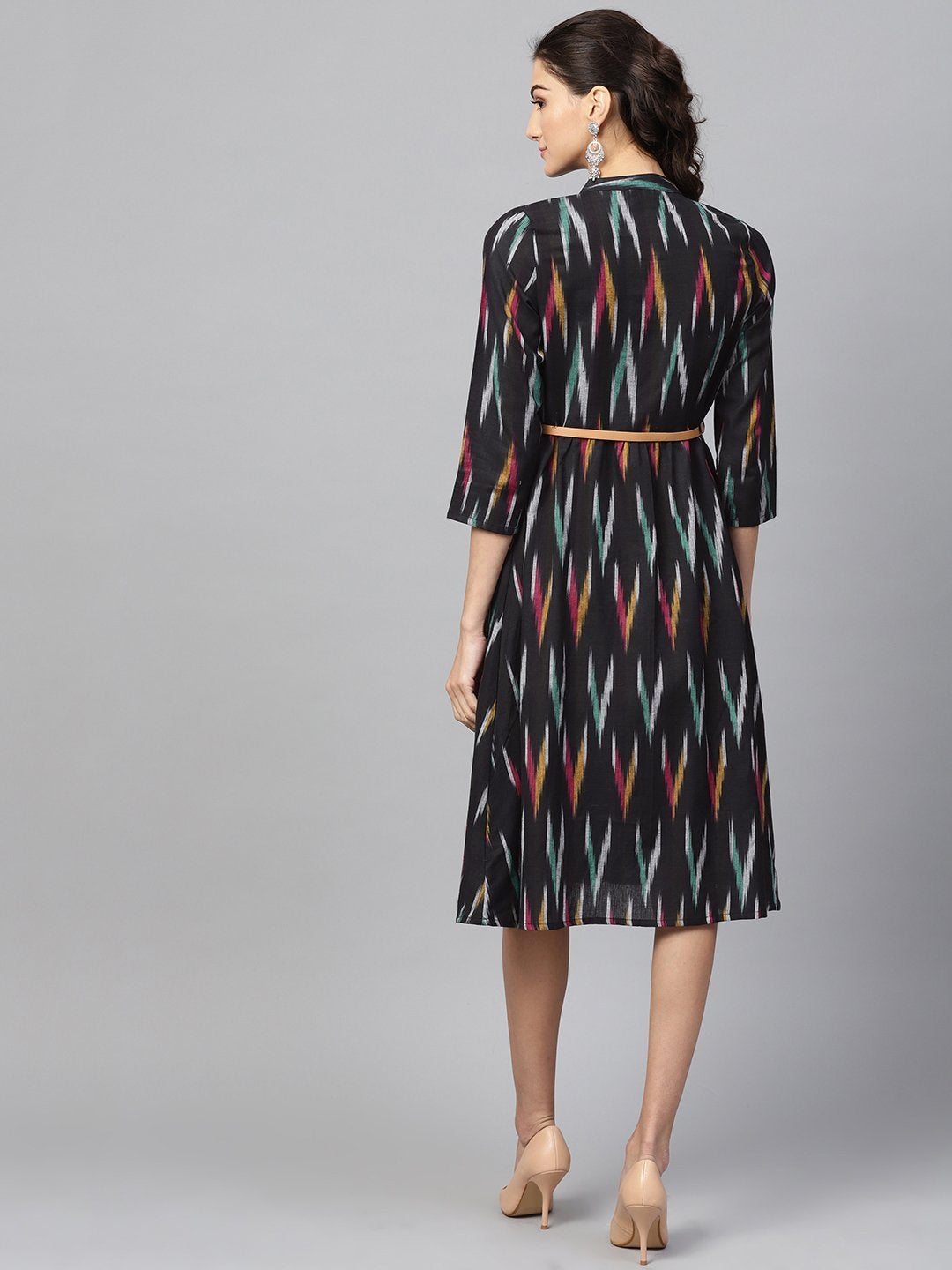 Women's Black Ikat Front Open Belted Dress - SASSAFRAS