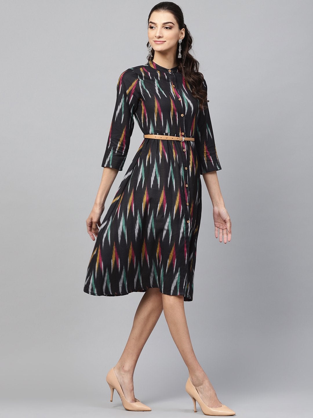 Women's Black Ikat Front Open Belted Dress - SASSAFRAS