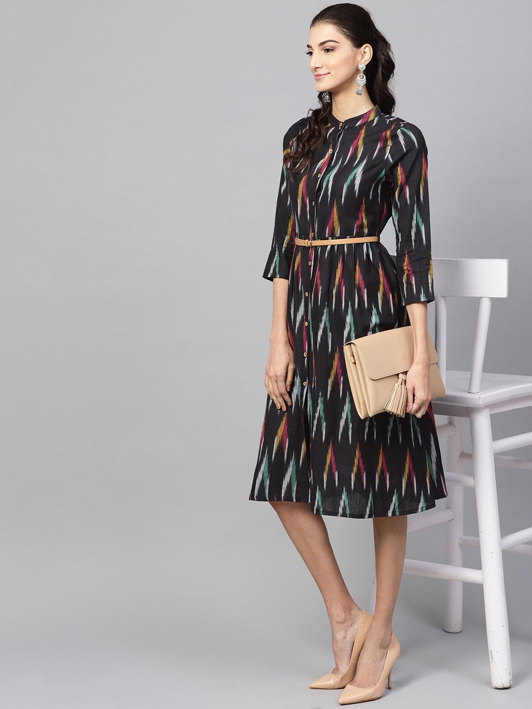 Women's Black Ikat Front Open Belted Dress - SASSAFRAS