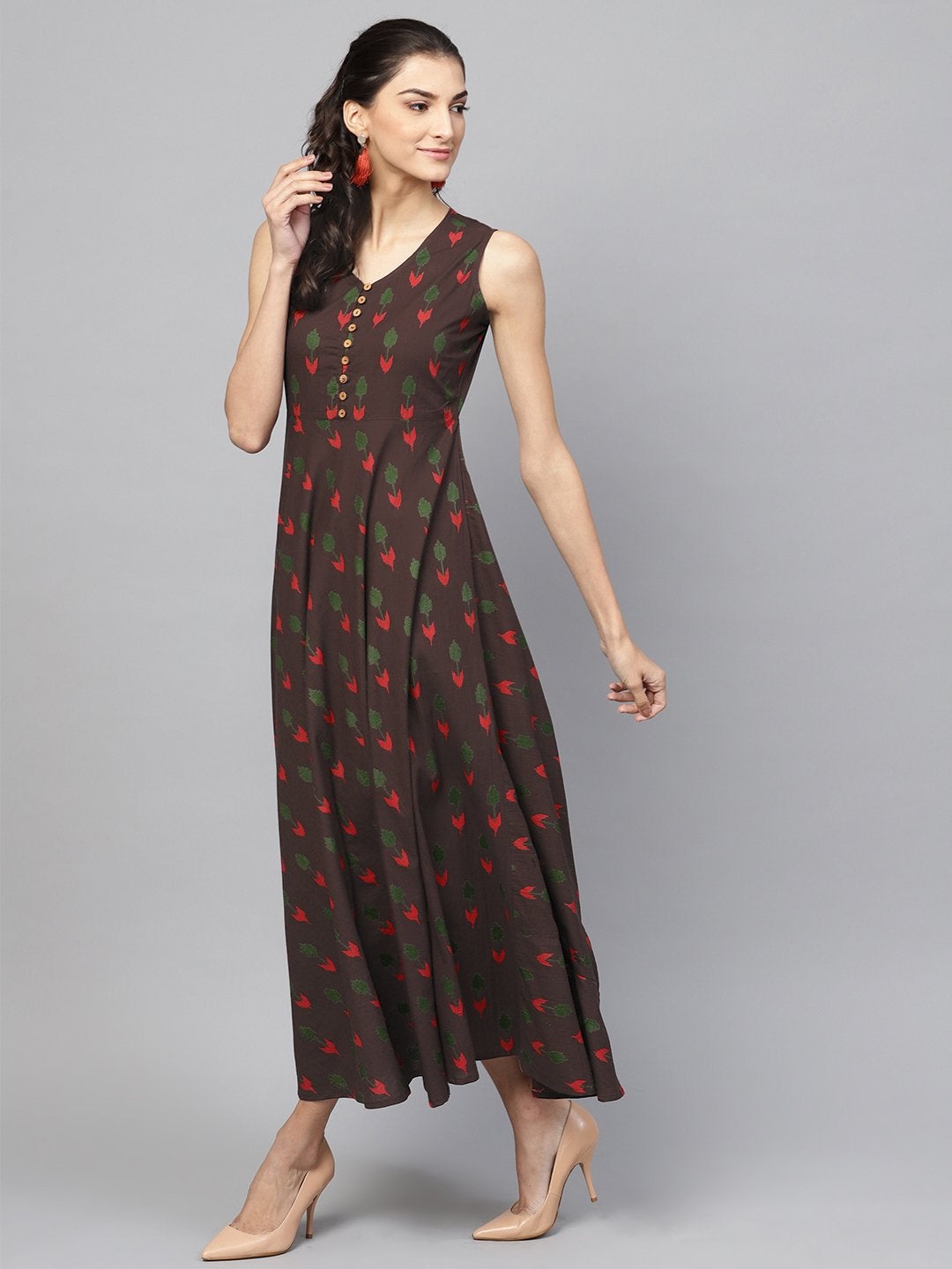 Women's Brown Ikat Sleeveless Flared Maxi - SASSAFRAS